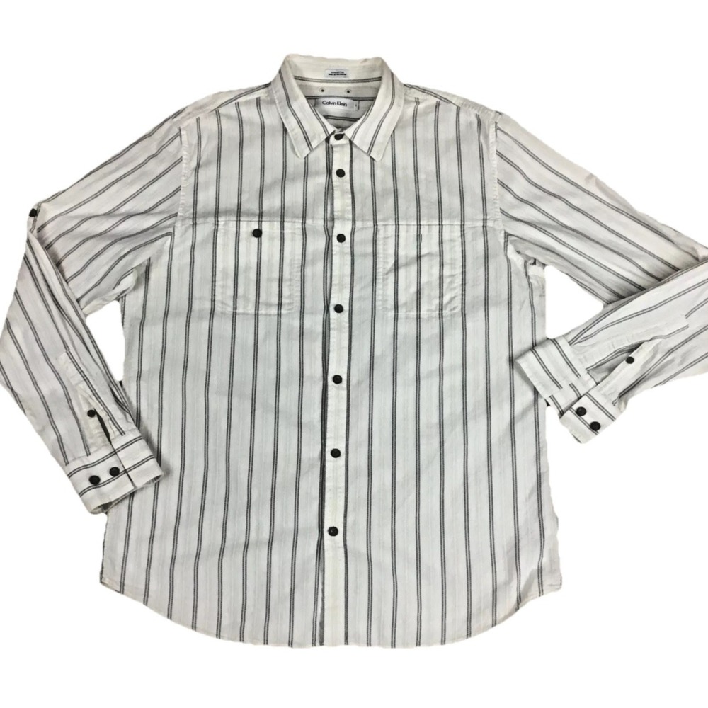 Calvin Klein Men Large White Gray Striped Long Sleeve Roll Tab Button Down Shirt